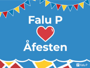 Blå bakgrund och färgglada vimplar, texten Falu P Hjärta Åfesten.
