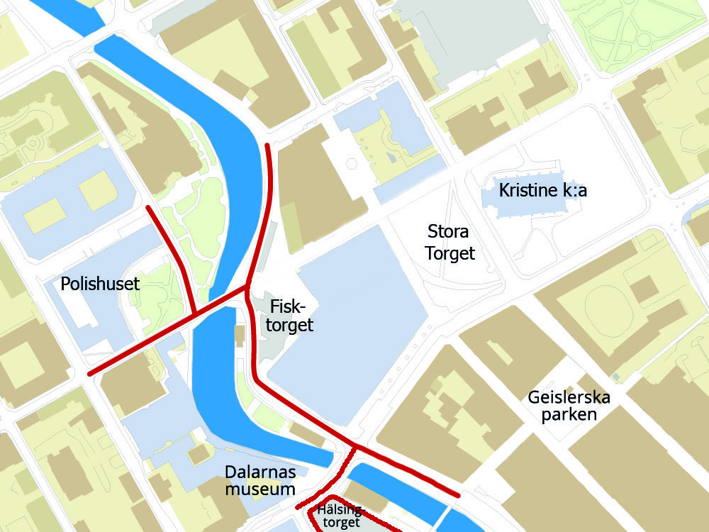 Kartbild över centrala Falun som visar avstängda gator under Åfesten.